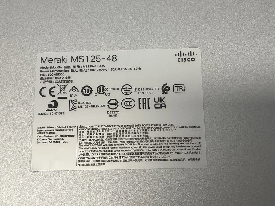 Cisco Meraki MS125-48-HW 10G 48X GIGE SWITCH *UNCLAIMED*