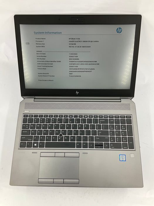 HP ZBook 15 G6 15.6" Core i7-9850H 250GB 32GB Win 11 Pro T1000