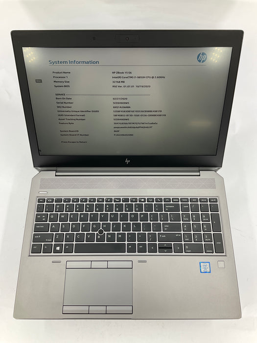 HP ZBook 15 G6 15.6" Core i7-9850H 250GB 32GB B Win 11 Pro T1000 *READ*