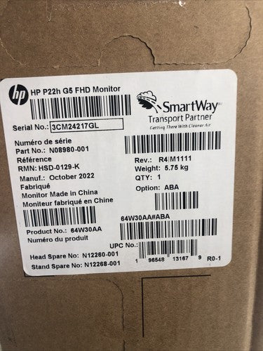 HP P22H G5 21.5" Monitor 1920x1080 75Hz 5ms IPS 64W30AA - New Open Box