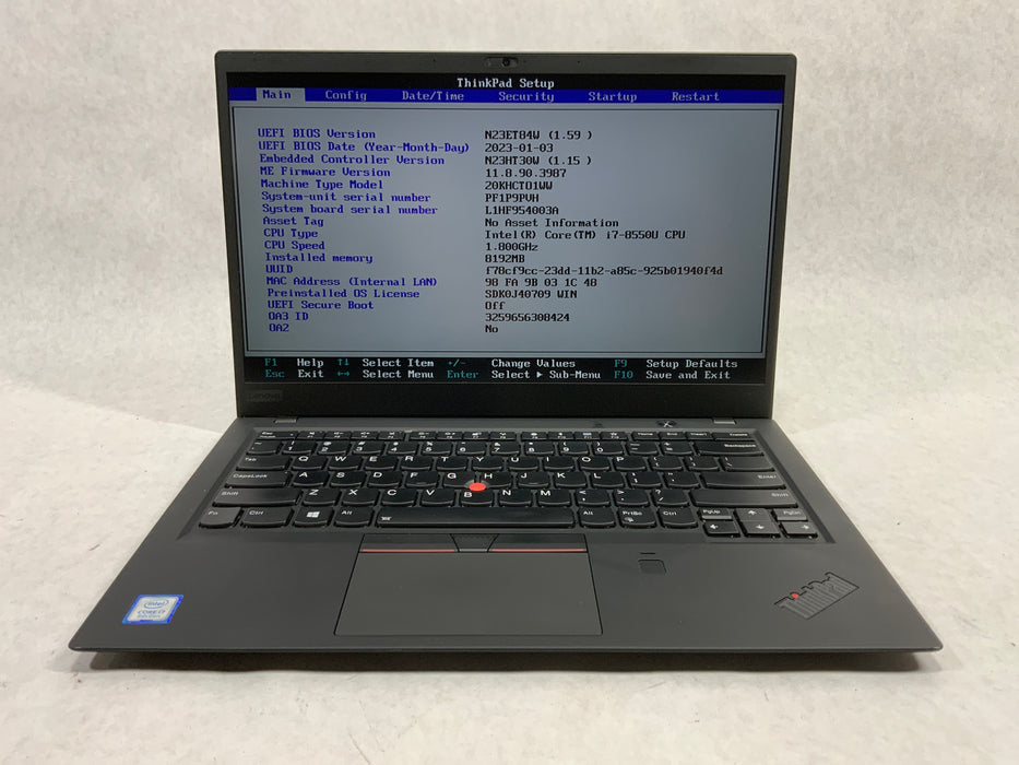 Lenovo ThinkPad X1 Carbon 6th Gen 14" Intel Core i7-8550U 256GB SSD 8GB RAM B Win 11 Pro