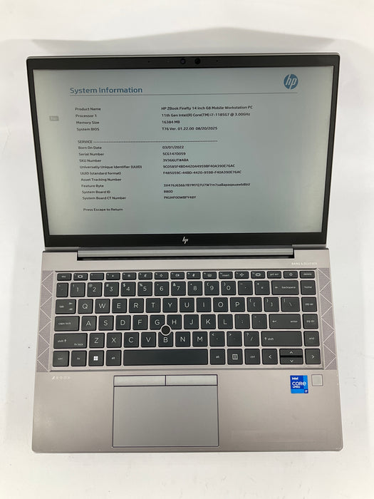 HP ZBook Firefly G8 14" Core i7-1185G7 256GB 16GB B Win 11 Pro *READ*