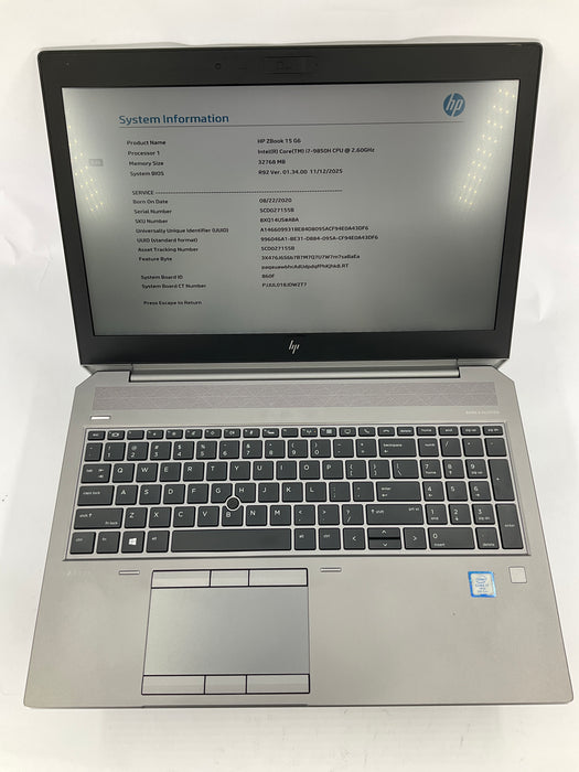 HP ZBook 15 G6 15.6" Core i7-9850H 256GB 32GB B Win 11 Pro T1000