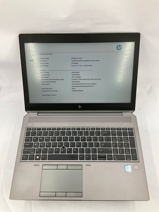 HP ZBook 15 G5 15.6" Core i7-8850H 256GB 32GB Win 11 Pro P1000