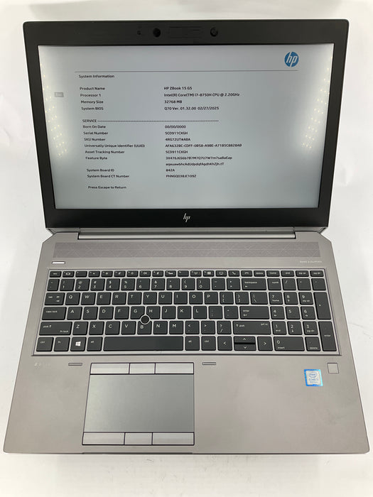 HP ZBook 15 G5 15.6" Core i7-8750H 250GB 32GB A Win 11 Pro P2000