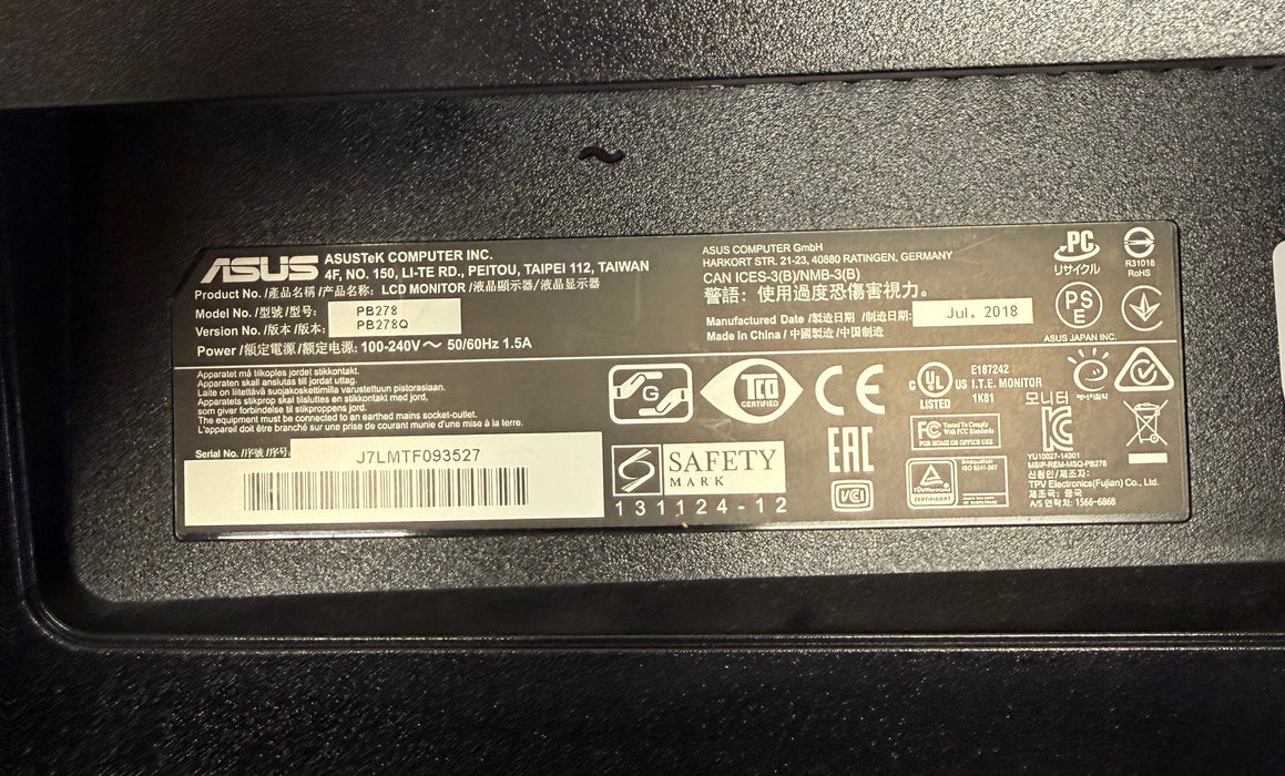 ASUS 27" Monitor PB278Q 1440P - QHD (2560 x 1440), IPS, DisplayPort, HDMI, DVI
