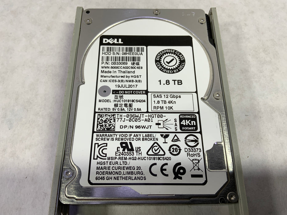 HGST Dell 1.8TB 10K 12Gb/s 2.5" SAS Internal 4Kn Hot-Plug Hard Drive HDD for PowerEdge DP/N: 96WJT Model: HUC101818CS4204 w/Caddy