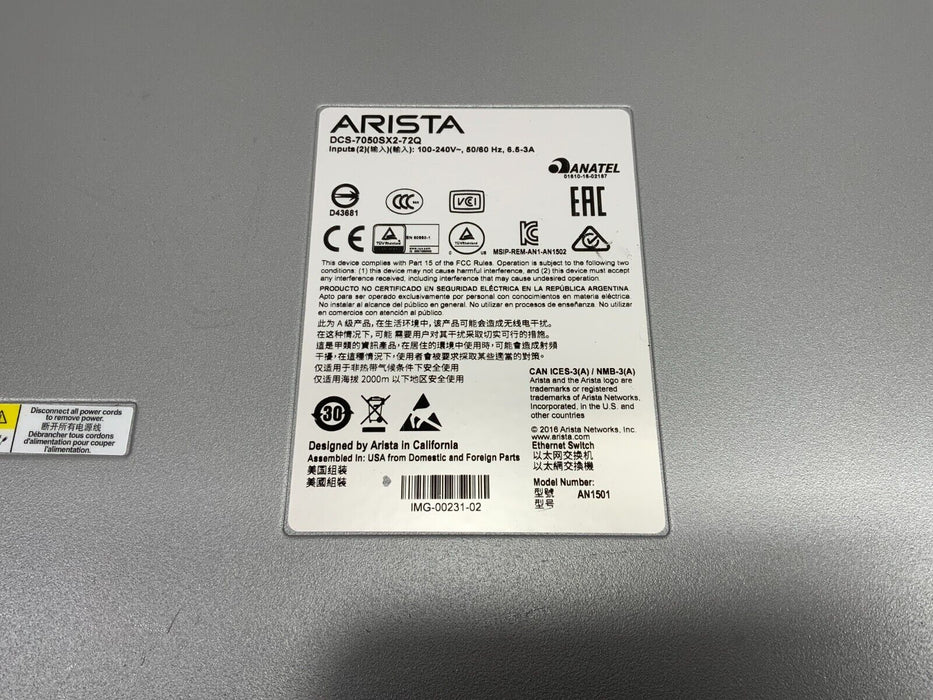Arista DCS-7050SX2-72Q 48x 10GbE SFP 6x 40GbE QSFP+ Data Center Switch