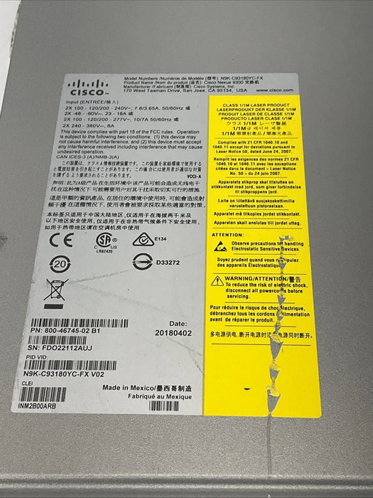 Cisco Nexus N9K-C93180YC-FX 54 SFP Network Switch