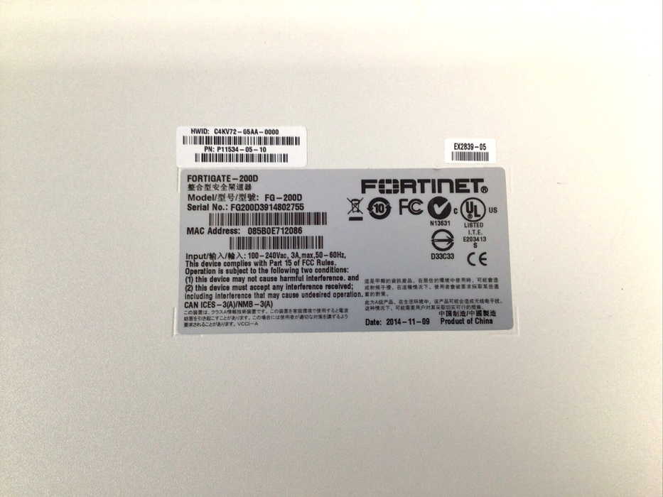 Fortinet FG-200D Fortigate Network Firewall Security Appliance P11534-05-10