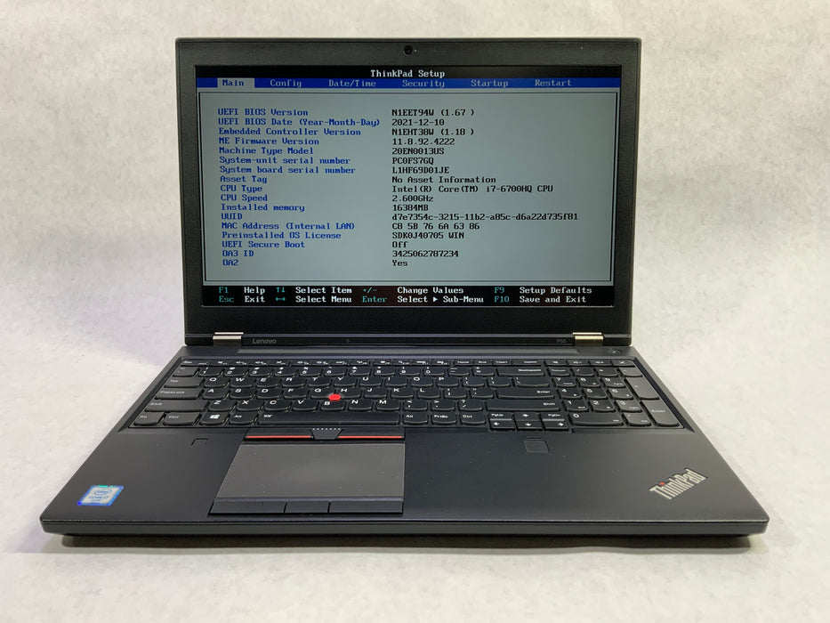 Lenovo ThinkPad P50 15.6" Intel Core i7-6700HQ 180GB SSD 16GB RAM Win 10 Pro Quadro M1000M