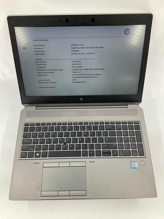 HP ZBook 15 G5 15.6" Core i7-8750H 250GB 32GB Win 11 Pro P2000
