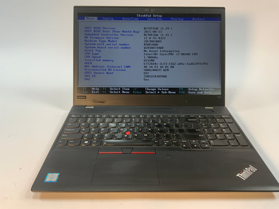 Lenovo ThinkPad T580 15.6" Intel Core i7-8650U 256GB SSD 8GB RAM Win 10 Pro