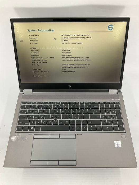 HP Zbook Fury G7 15.6" Core i7-10850H 512GB 32GB B Win 11 Pro RTX 3000